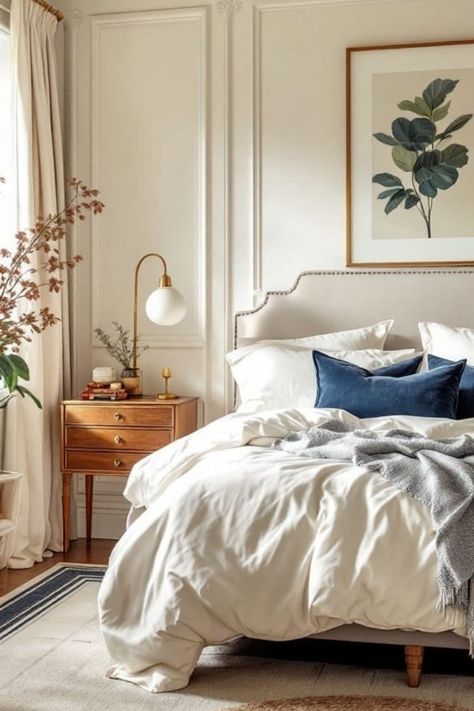 Navy Blue Bedroom Ideas: Where Sophistication Meets Serenity - West Magnolia Charm Feminine Navy Bedroom, Dark Blue And Beige Bedroom, Navy Blue Bed Frame Bedroom Ideas, Master Bedrooms Navy, Navy Accent Bedroom, White Navy Bedroom, Guest Bedroom Ideas Blue, Magnolia Bedroom Ideas, Navy White Bedroom