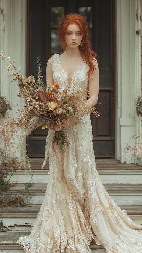 In a gown of ivory lace, this bride embodies timeless elegance with a touch of autumn charm. Her cascading red hair and the earthy, wild bouquet create a stunning, rustic romance. 🍂✨ The perfect blend of nature’s beauty and bridal grace. #wedding #bride #autumn #rustic #elegance #lace #romance #flowers #hairinspiration #bridalstyle Wedding Flower Crowns, Romance Flowers, Wild Bouquet, Boho Flower Crown, Floral Hair Pins, Autumn Bride, Corsage And Boutonniere, Girls Crown, Flower Girl Crown