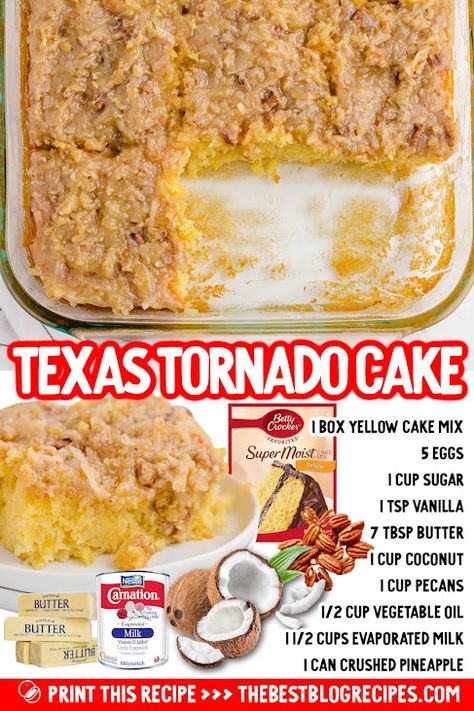 Texas Tornado Cake | Tha Munchies Tornado Cake Recipe, Do Nothing Tornado Cake, Tornado Cake, Texas Tornado, Southern Desserts, Coconut Sauce, Warm Cake, Fruity Desserts, Fast Easy Meals