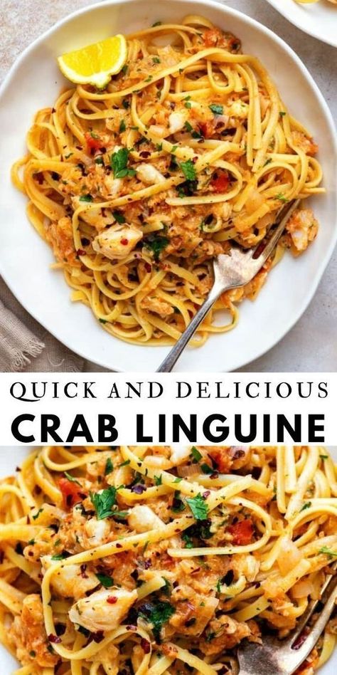 Pasta Crab Recipes, Fancy Crab Dinner, Shrimp And Crab Linguine Recipe, Quick Linguine Recipes, Crab Linguini Recipe, Seafood Pasta Crab And Shrimp, Crab Pasta Recipes Healthy, Crab Pasta Dishes, Lump Crab Meat Pasta Recipes