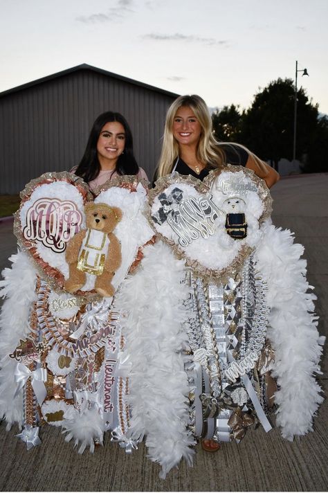 Pink And White Mums Hoco, All White Senior Mum, Senior Year Mums Texas, Senior Mums, Texas Highschool Mums, Hot Pink Homecoming, Texas Homecoming Mums, Military Braid Homecoming Mums, Homecoming Mums Diy