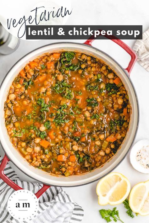 Vegetarian Lentil and Chickpea Soup - a vegetarian lentil soup recipe full of rich Moroccan-inspired flavors that’s packed with fiber, veggies, and protein! Great for meal prep! Lentil And Chickpea Soup, Mediterranean Soups, Fiber Veggies, Lentil And Chickpea, Vegetarian Lentil Soup, Moroccan Soup, Lentil Soup Recipe, Dried Lentils, Chickpea Soup