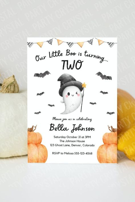 A 5x7 white invitation with graphics of a cute ghost with a witch hat and watercolor bats surrounding the ghost in the center of the invite. The invitation reads "Our Little Boo is turning Two" on the top and the bottom has more text with party details. There are also orange pumpkins on the bottom right and left. There is a decorative polka dot and striped pennant banner on the top of the invitation. Cute Halloween Birthday Party, Cute Halloween Birthday, Halloween First Birthday, Birthday Second, Halloween Birthday Party Invitations, Zombie Birthday, Boys First Birthday Party Ideas, Ghost Party, October Baby