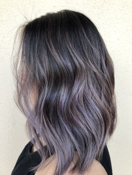 Purple Gray Highlights Brown Hair, Dark Grey And Purple Hair, Ash Purple Balayage Gray Hair, Ash Brown Hair With Lavender Highlights, Smokey Lavender Hair Brunette, Subtle Lavender Hair, Lavendar Gray Highlights, Smokey Lavender Hair, Muted Lavender Hair