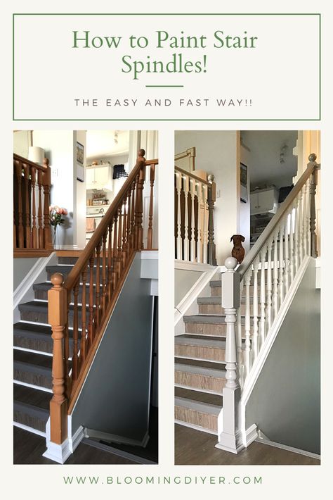 I painted this staircase in only 2 days using a few supplies and some clever shortcuts to get it done efficiently. Painted Stair Spindles, Banister Spindles, Stairwell Makeover, Home Loft Ideas, Bannister Ideas, Railing Spindles, Stair Bannister, Painted Stair Risers, Paint Stairs