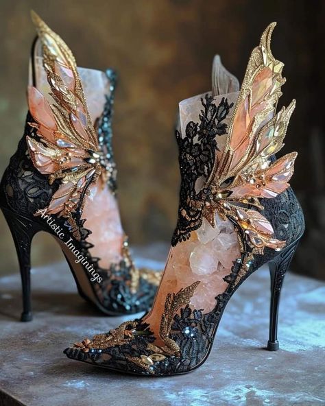 Fairy Shoes Aesthetic, Fantasy Shoes Heels, Fantasy Heels, Boot Art, Fantasy Shoes, Fairytale Shoes, Dainty Fashion, Whimsical Shoes, Pretty Wings