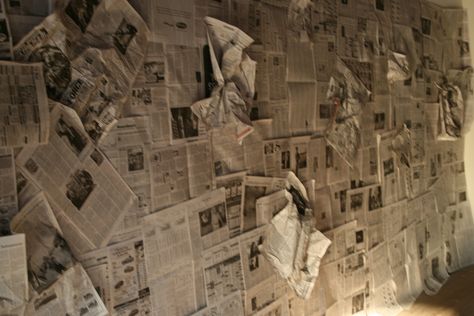 Newspaper Stage Design, Newspaper Set Design, Rabbit Skull, Newspaper Collage, Newspaper Wall, White Hallway, The Normal Heart, Aesthetics Tumblr, Normal Heart