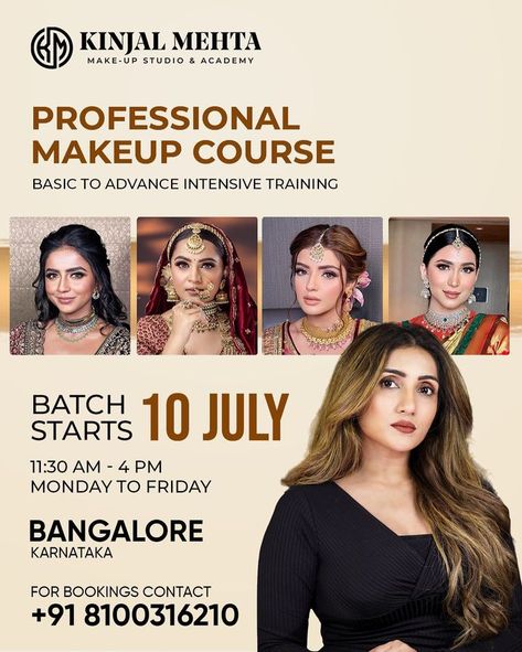 Professional Makeup Course || Batch Starts 📅 𝟭𝟬 𝗝𝘂𝗹𝘆 Dive into the world of beauty & finesse with '𝙆𝙞𝙣𝙟𝙖𝙡 𝙈𝙚𝙝𝙩𝙖', an acclaimed makeup artist known for her unparalleled expertise & unique makeup techniques. We are excited to announce her upcoming professional makeup course starting on the 10th of July. This is a rare opportunity for aspiring makeup artists to learn directly from her in an intimate setting, with a class size limited to only six students 👍 Beauty Salon Price List, Makeup Poster, Salon Price List, Beauty Courses, Makeup Course, Makeup Class, Unique Makeup, Makeup Academy, Training Academy