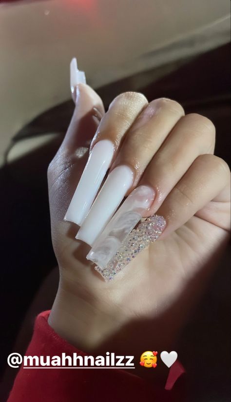 Bling White Acrylic Nails, Long Acrylic Nails White Design, Long White Acrylic Nails, Long Acrylic Nails Square, White Birthday Nails, Square Stiletto Nails, Birthday Nails Long, White Long Nails, Marble French Nails