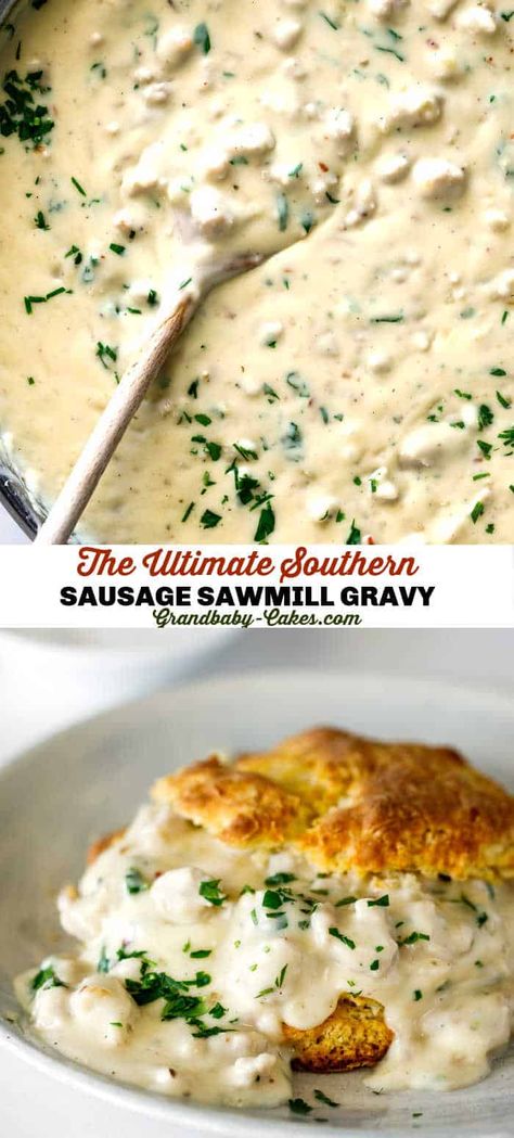 Sawmill Gravy Saw Mill Gravy Recipe, Sawmill Gravy Recipe, Morning Biscuits, Sawmill Gravy, Biscuits Gravy, Grandbaby Cakes, Southern Breakfast, Buttermilk Recipes, Homemade Gravy