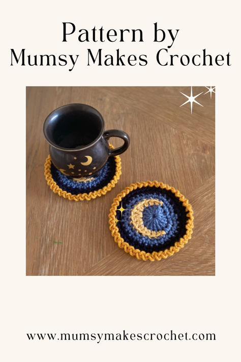 Make these beautiful coasters for yourself or loved ones. A great make for anyone who loves astrology, moon phases, Wicca or paganism. A great alternative gift. All patterns are available on my Patreon for just £4.50 per month. Save yourself a fortune and become a Patron of Mumsy Makes Crochet 🧶 Crochet Crescent Moon, Coasters Pattern, Astrology Moon, Coasters Crochet, Lunar Magic, Alternative Gifts, Love Astrology, Crochet Coaster Pattern, Beautiful Moon