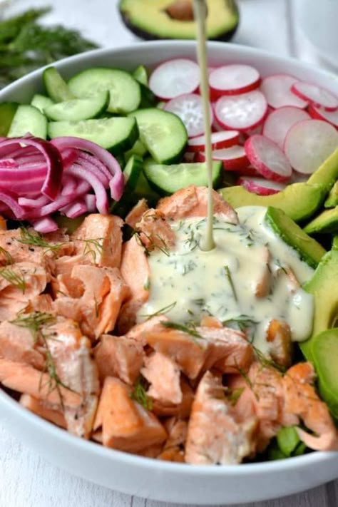 Salmon, Avocado & Radish Salad with Creamy Dill Dressing | Every Last Bite Dressing For Salmon Salad, Dressing For Salmon, Creamy Dill Dressing, Salmon Salad Recipes, Dill Dressing, Radish Recipes, Radish Salad, Avocado Dressing, Salmon Avocado