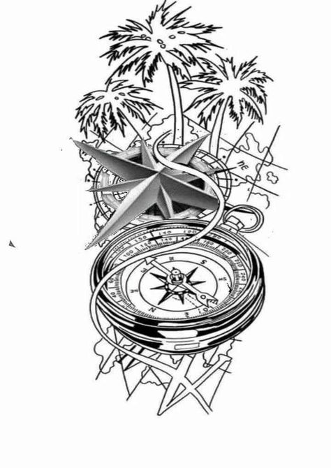 Palm Tree Compass Tattoo, Clock Tattoo Sleeve, Compass And Map Tattoo, Compass Tattoo Men, Map Tattoo, Music Notes Tattoo, Animal Sleeve Tattoo, Small Chest Tattoos, Compass Tattoo Design