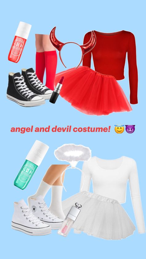 a fancy red and dainty white devil and angel costume and everything you would need! ❤️🤍 Cute Easy Halloween Costumes, Angel And Devil Costume, Angel Y Diablo, Devil And Angel, Angel Halloween Costumes, Classy Halloween Costumes, Matching Halloween Costumes, Duo Costumes, Best Friend Halloween Costumes