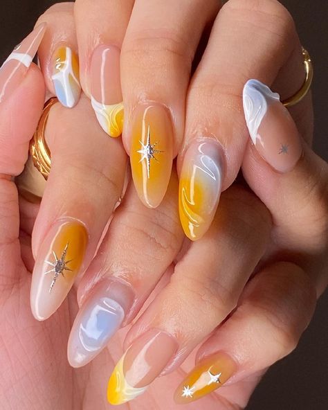 Blue And Orange Nails Designs, Yellow Blue Nails, Blue Orange Nails, Blue Yellow Nails, Yellow And Blue Nails, Blue And Yellow Nails, Hard Gel Nails, Retro Nails, Hard Nails