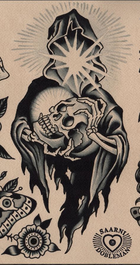 Grim Reaper American Traditional, American Trad Skeleton Tattoo, Nopal Tattoo Traditional, Cover Up Tattoos American Traditional, Hocus Pocus Spell Book Tattoo, Demon American Traditional Tattoo, Tradition Skull Tattoo, Traditional Saint Tattoo, Big Dark Tattoos