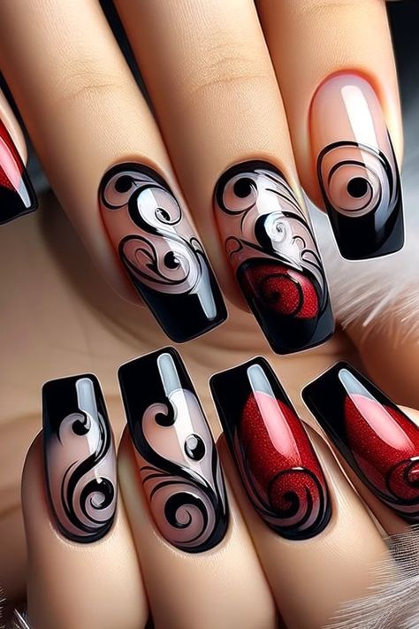 39 Stunning Black French Tip Nails You Have To Try Art Deco Nails, French Tip Nail Designs, Fancy Nails Designs, Pretty Nail Art Designs, Red Nail, Nail Forms, Pretty Nail Art, Fancy Nails, Acrylic Nail Designs