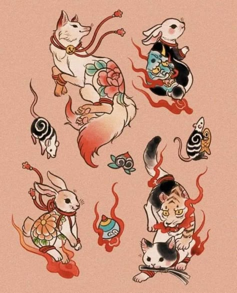 Japanese Bunny Art, Japanese Bunny Tattoo, Japan Cat Tattoo, Japanese Rabbit Tattoo, Unique Minimalist Tattoo, Traditional Japanese Tattoo Flash, Bunny Tattoos, Japan Tattoo Design, Rabbit Tattoos