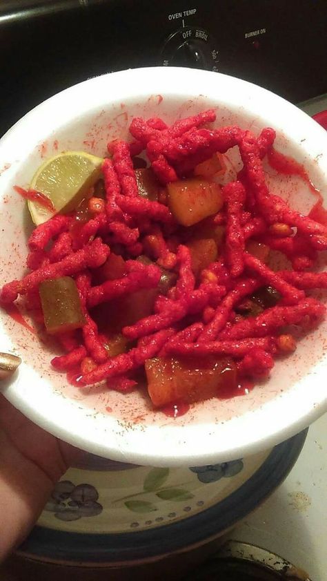 Snacks With Hot Cheetos, Pickles With Takis, Pickles And Hot Cheetos, Hot Cheetos Pickles, Hot Cheeto Snacks, Hot Cheetos Corn, Chamoy Pickles, Cheetos Recipe, Mexican Snack Foods