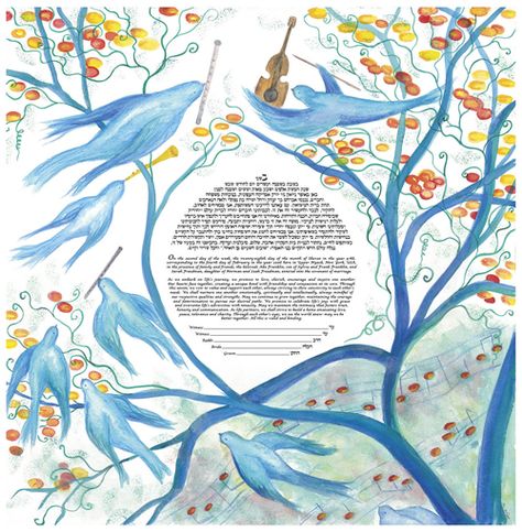 A Symphony of Love Ketubah by Veronique Jonas Ketubah Art, Jewish Weddings, Bird Canvas, Two Trees, Illuminated Manuscripts, Blue Birds, Jewish Art, Love Light, Musical Notes