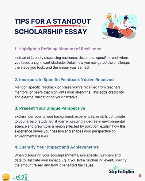 #Repost @collegefundinghero ・・・ #SaveThis Master the art of scholarship essays with these sharp tips! ✍️ Share your story, quantify your impact, highlight praise, and show off your unique perspective. Let’s make your application unforgettable! 🥳 #ScholarshipSuccess #EssayTips #essaywriting Essay About Yourself, Scholarship Essay Examples, Essay Scholarships, Scholarships For College Students, Essay Ideas, College Essay Examples, Study Abroad Scholarships, Application Essay, College Application Essay