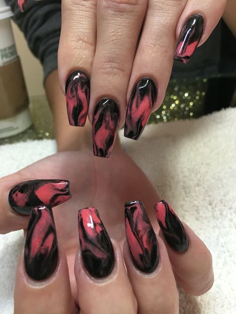 Red And Black Marble Nails Acrylic, Black Red Marble Nails, Coral And Black Nails, Black And Red Marble Nails, Red And Black Marble Nails, Red Marble Nails, Black Marble Nails, Coral Nails, Gothic Nails