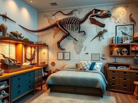 Dinosaur Office, Bedroom Ideas Gaming, Jurassic Park Room, Teen Boy Bedroom Ideas, Dino Bedroom, Boy Bedroom Ideas, Science Labs, Earthy Bedroom, Dinosaur Room