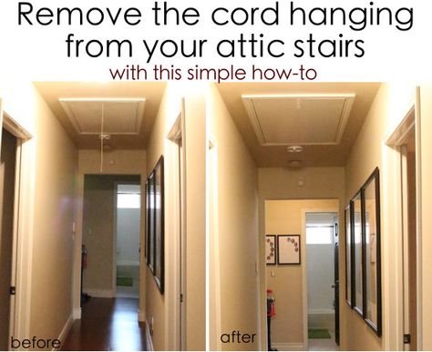 Get rid of that ugly cord hanging from your attic stairs – House of Hepworths Attic Pull Down Cord Ideas, Stairs House, Attic Door, Attic Nook, Garage Attic, Attic Staircase, Attic Office, Rental Ideas, Attic Lighting