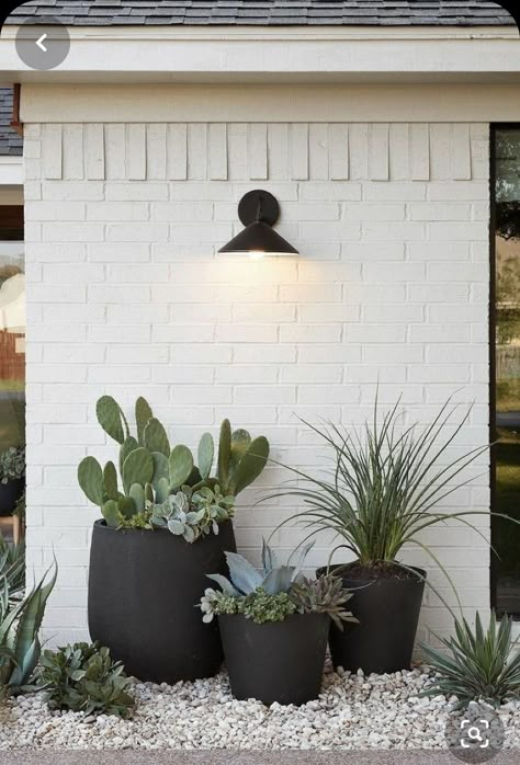 Brick Wall Decor, Glass Railings, Black Planters, Low Maintenance Landscaping, Walled Garden, Exterior Remodel, Garden Containers, White Brick, Yard Design