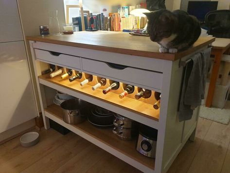 Kitchen Island With Added Drawers And Wine Storage. Tornviken With Ekby Alex Is A Perfect Fit! Ikea Tornviken Island Hack, Tornviken Kitchen Island Hack, Ikea Tornviken Island, Tornviken Kitchen Island, Ikea Island Hack, Pictures Of Kitchen Islands, Kitchen Island Hack, Kitchen Island With Drawers, Ikea Island