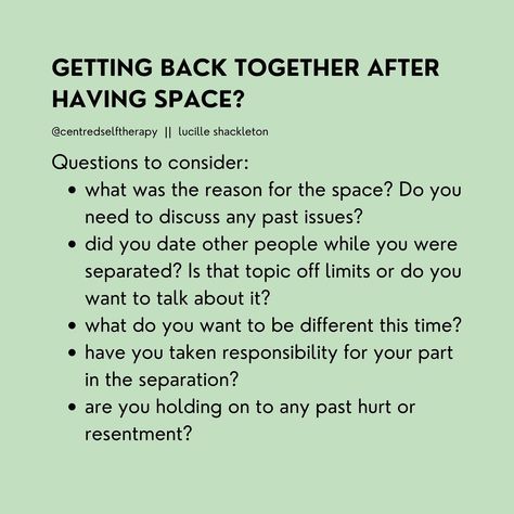 Lucille Shackleton 🏳️‍🌈 on Instagram: “If you are considering getting back together after separating and having space from your partner here are some things to consider…👆 It’s…” Getting Back Together Quotes, Space In A Relationship, On Again Off Again, Partner Quotes, Solution Focused Therapy, Marriage Therapy, Together Quotes, Understanding Emotions, Relationship Lessons