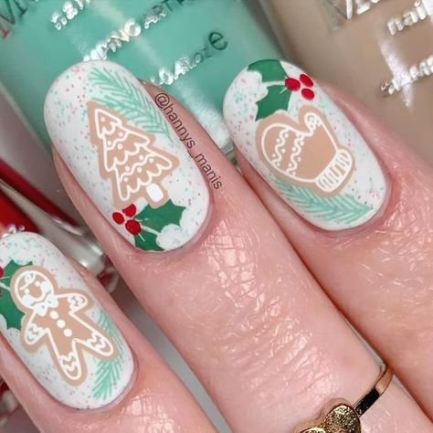 Hannah on Instagram: "Sugar cookie nails! 🎄♥️🎅🏻 This is the 3rd year I’ve done these nails and I’m still not sick of them! 😊✨⁣ ⁣ I used:⁣ ⁣ 🎄 @ilnp “Christmas Cookie”⁣ ♥️ @moyou_london “Noel 05”, & “Noel 17“ stamping plates⁣ 🎅🏻 @whatsupnails “Box of Whine” & “Blanc My Mind” stamping polishes⁣ 🎄 Maniology “Green House, “Morning Sow,” & Skin Deep” stamping polishes⁣ ⁣ Tutorial up tomorrow 🎥✨ #notd #nailart #ilnp #moyoulondon #whatsupnails" Cookie Nails, Nail Art Videos, Cherry Bomb, French Vanilla, Stamping Plates, Nail Art Tutorial, Sally Hansen, Christmas Cookie, 3 Things