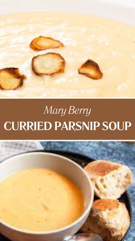 Mary Berry Curried Parsnip Soup Spiced Parsnip Soup, Marry Berry Recipes, Berry Soup, Curried Parsnip Soup, Parsnip Soup, Mary Berry Recipe, Berry Recipes, Celebrity Recipes, Food Boards