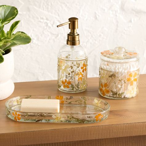 Flower Bathroom, Unique Bathroom, Bathroom Accessory Sets, Vanity Tray, Accessories Collection, Renter Friendly, Pressed Flower, Liquid Soap, The Glass