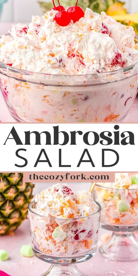 Ambrosia Salad With Sour Cream Potluck Fruit Salad, Easy Dessert Salads, Watergate Salad Recipe Ambrosia, Church Salad Recipes, Summer Fruit Salad Recipes Easy, Amish Yum Yum Salad, Midwest Food Recipes, Fruit Salads For Parties Potlucks, Summer Christmas Food