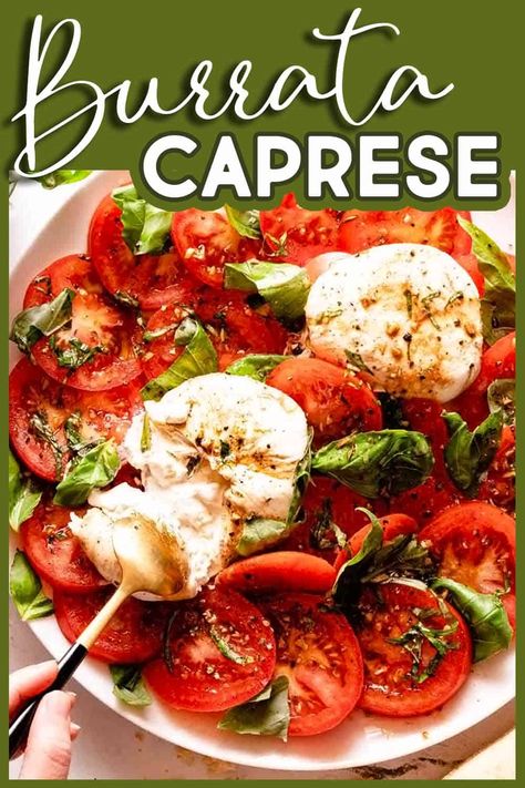 This burrata caprese is so easy to make in only about 15 minutes! Ripe tomatoes, fresh basil, and creamy burrata cheese are drizzled with a flavorful balsamic dressing. A lovely summer side dish you can make with only 8 ingredients! Salad With Burrata, Burrata Caprese, Amazing Salads, Summer Side Dish, Burrata Cheese, Delicious Appetizer Recipes, Balsamic Chicken, Balsamic Dressing, Fun Salads