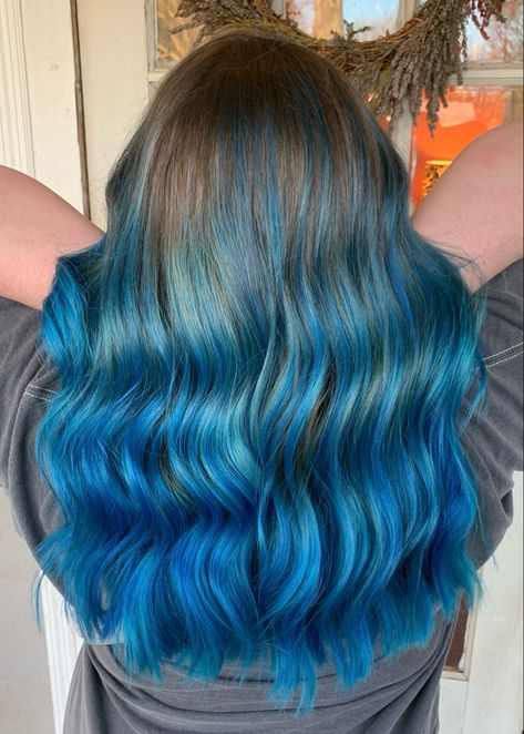 Shadow Root Blue Hair, Dirty Blonde Hair With Blue Highlights, Blue Balayage Hair, Brown And Blue Hair, Blonde Hair With Blue Highlights, Blue Balayage, Blue Brown Hair, Blue Hair Highlights, Blue Ombre Hair