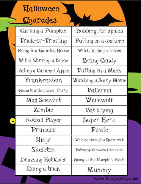 Halloween Charades - Perfect way to entertain the kiddos while they wait to trick-or-treat. Halloween Charades, Easy Halloween Games, Room Parent, Halloween Class Party, School Halloween Party, Hallowen Ideas, School Halloween, Halloween Classroom, Children's Activities