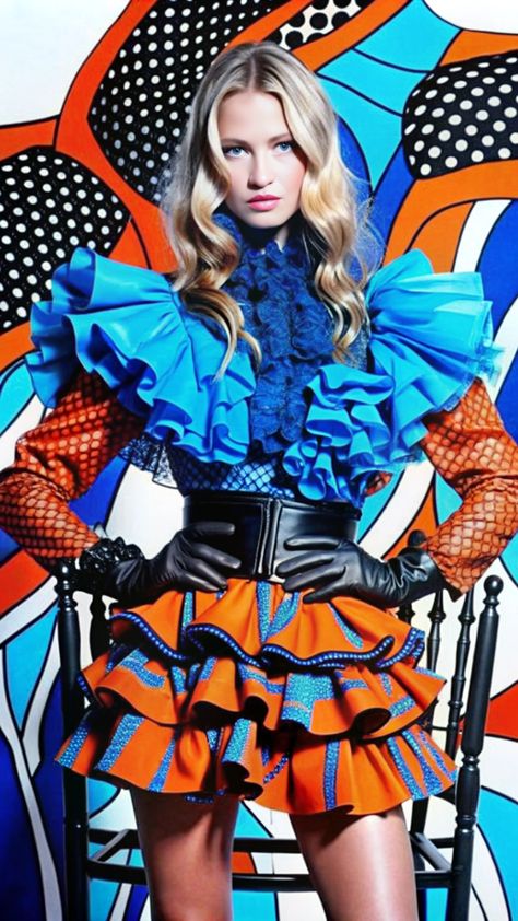 A blonde model wearing a couture outfit with bold ruffles, structured design, and vibrant orange and blue hues. Avant Garde Fashion Couture, Avant Garde Outfit, Breaking Boundaries, Hip Hop Costumes, High Fashion Trends, High Fashion Branding, Fashion Statements, Futuristic Fashion, Fashion Revolution