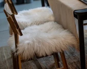 Sheepskin Seat Pads, Icelandic Style, White Sheepskin Rug, Scandinavian Cottage, Ski Lodge Decor, Sheepskin Chair, Dining Chair Pads, Padded Stool, Sheepskin Throw