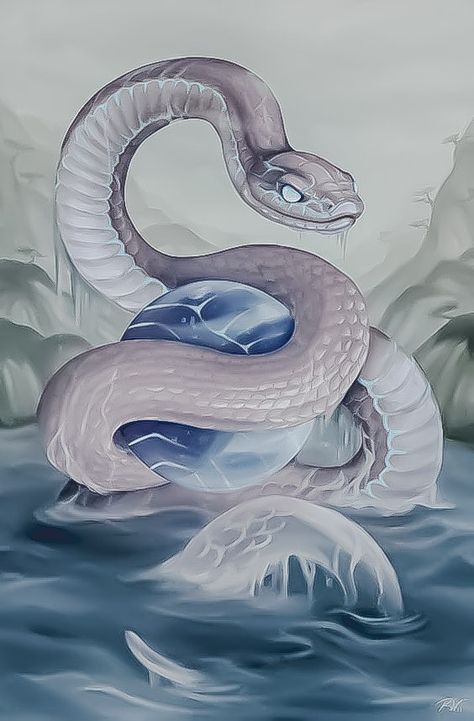 Water Snake Art, Giant White Snake Fantasy Art, World Serpent Art, White Snake Drawing, Snake Art Painting, Fantasy Snake Art, Snake Concept Art, White Snake Art, Snake In Water