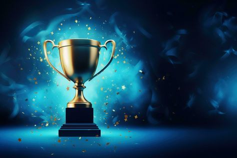 Generative AI, Winner trophy with flames, blue golden champion cup with falling confetti on blue background. Golden Blue Background, Trophy Background, Winner Cup, Winner Trophy, Autumn Confetti, Yearbook Themes, Golden Background, 25th Anniversary, Yearbook