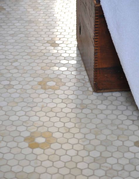 Flower Hex Studio Line – Cloud Nine – New Ravenna Ranch House Interior Design, Hex Tiles Bathroom, Hex Tile Floor, Cottage Bath, New Ravenna, Hex Tile, Flower Tile, Glass Installation, Room Tiles