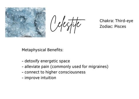 Celestine or celestite is a mineral consisting of strontium sulphate. The mineral is named for its occasional delicate blue color. Celestite is not quartz and cannot resist water, so it is best not to get wet. Celestite helps with migraine pain and mental stress. When you feel tense and distorted Celestite can help you relax. Celestite Crystal Meaning, Raw Celestite, Peaceful Energy, Migraine Pain, Celestite Crystal, Higher Consciousness, Clear Mind, Crystal Meanings, Migraine