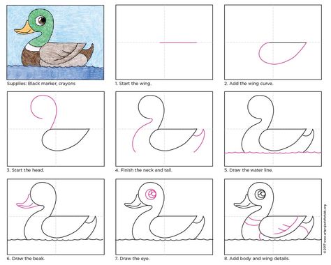 How To Draw A Mallard Duck, Duck Directed Drawing, How To Draw A Duck, Draw A Duck, Trin For Trin Tegning, Duck Drawing, Drawing Lessons For Kids, Art Projects For Kids, Duck Art