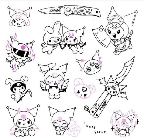 Sanrio Flash Tattoo, Kuromi Tattoo Aesthetic, Kuromi Tattoo Ideas, Kuromi And My Melody Tattoo, Kuromi Outline, Sanrio Tattoo Ideas, Kawaii Flash Tattoo, Kawaii Tattoo Ideas, Art Drawings Tattoo