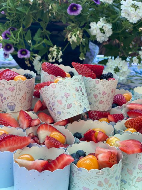 Paper cups filled with seasonal fruit Wildflower Birthday Party, Bridal Shower Inspo, Baby Shower Theme Decorations, Garden Baby Showers, Wildflower Baby Shower, Baby In Bloom, Sprinkle Baby Shower, Summer Baby Shower, Spring Baby Shower