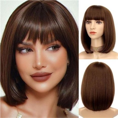 White Wig With Bangs, Short Brown Bob, Brown Bob Hair, Straight Bob Wig, Bob Wig With Bangs, Types Of Skin, Long Hair Wigs, Straight Bob, Ombre Wigs