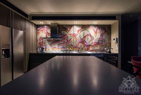 Kitchen Street Art Splashback on Behance Graffiti Kitchen, Apartment Color Palette, Interior Design Artwork, Splashback Ideas, Set It Off, Elevated Bed, Melbourne City, Interior Paintings, Art Interior Design