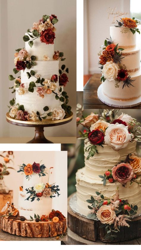 Autumnal Wedding Cake, Wedding Cake Burnt Orange, Fall Wedding Cakes Rustic, Rust Wedding Cake, Burnt Orange Wedding Cake, Wedding Cake October, Fall Wedding Cake Ideas, Wedding Cakes Fall, Orange Wedding Cake